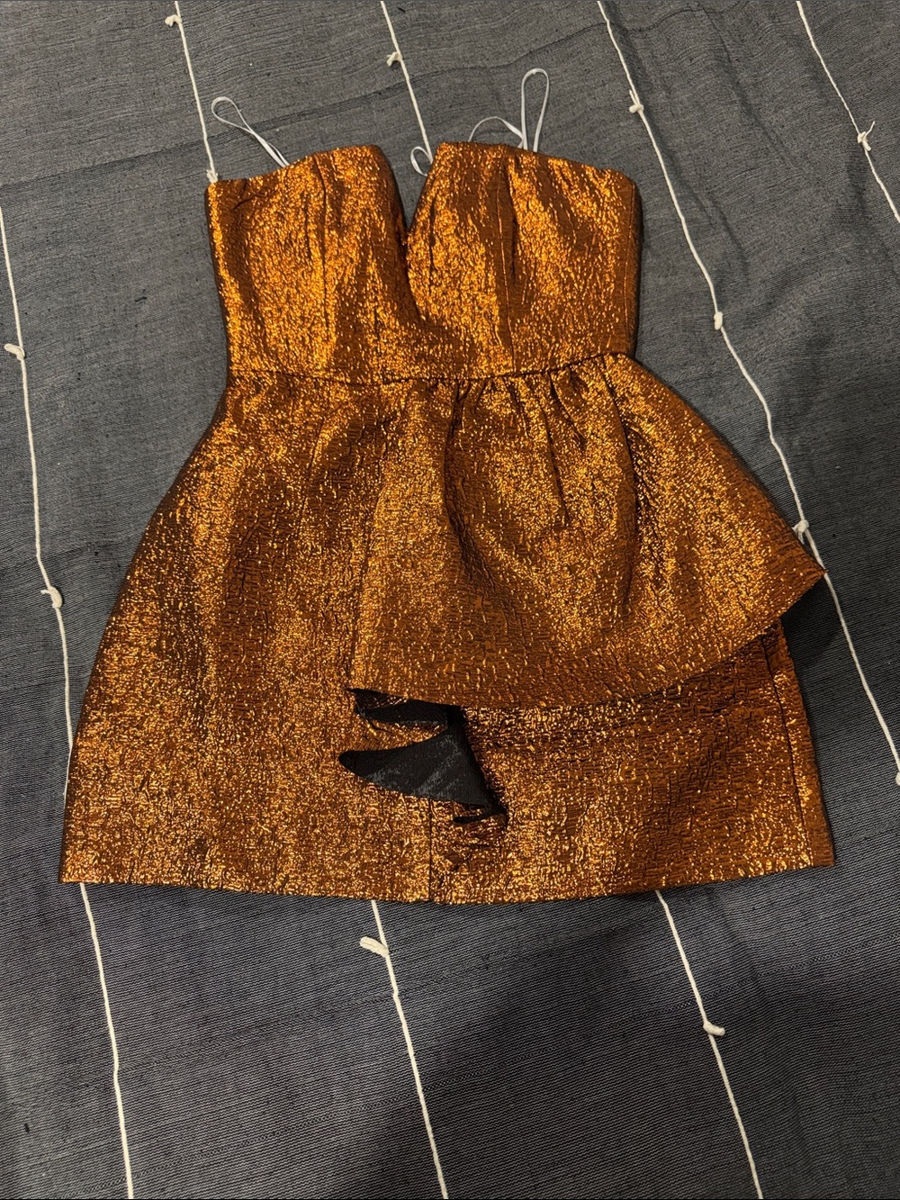 Elliatt Copper Metallic Strapless Peplum Mini Dress